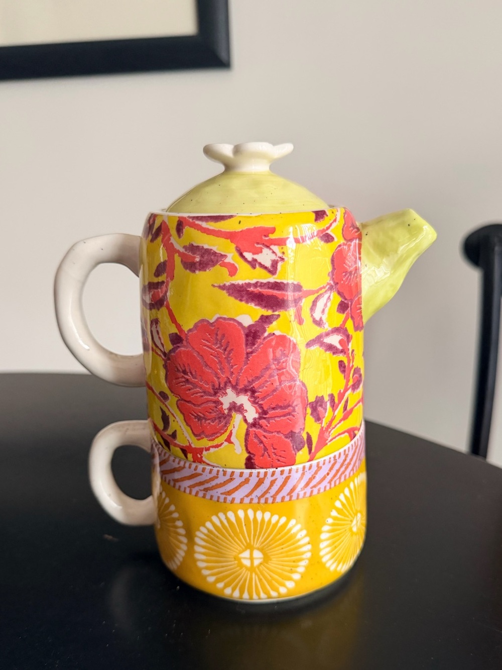 Anthropologie Floral Ceramic Teapot with Nesting Mug